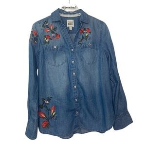 Vintage Code Bleu Boho Floral Embroidered Shirt